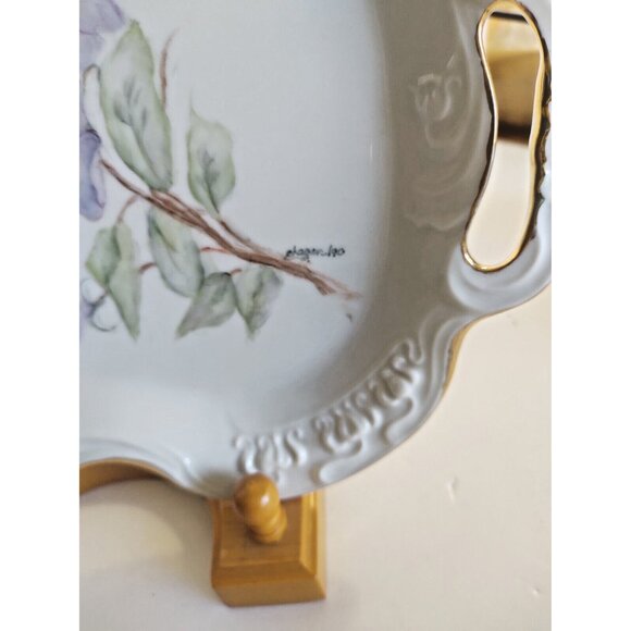Hand Painted Clematis Flower Serving Platter with Gold Accents Artist Signed - Picture 11 of 12